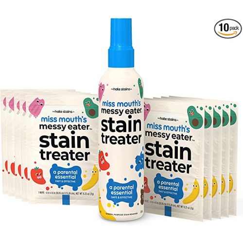 Miss Mouth's Messy Eater Stain Treater Spray - 4oz & 10 Wipes Stain Remover - Newborn & Baby Essentials - No Dry Cleaning Food, Grease, Coffee Off Laundry, Underwear, Fabric - 10 wipes and spray set