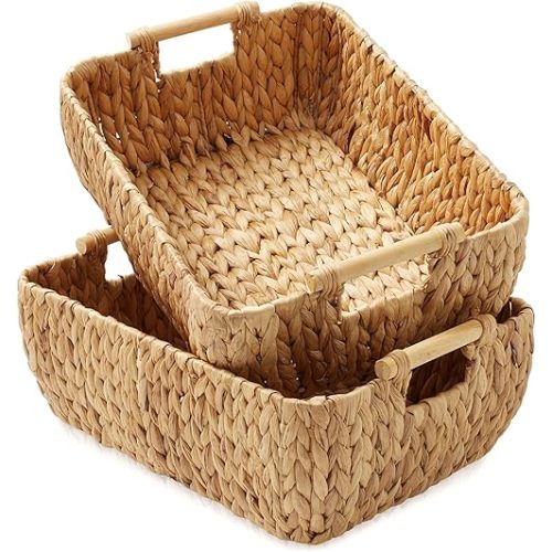 Casafield Set of 2 Water Hyacinth Oval Storage Baskets with Wooden Handles - Large, Woven Bin Organizers