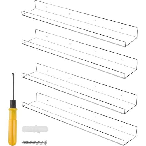 24 Inch Clear Floating Shelves 4 Pack Acrylic Shelves Invisible Floating Wall Ledge Bookshelf 5MM Thick Book Display Shelves Wall Mounted Bathroom Kitchen Organizer