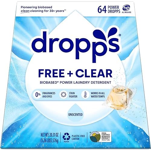 Dropps Free + Clear Biobased Power Laundry Detergent Pods, Unscented (64 Count) - HE Compatible Laundry Pods for Fresh Clothes - Laundry Soap Supplies & Recyclable Paperboard Packaging