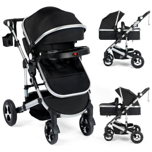 Kinder King Meno V 3 in 1 Reversible Baby Stroller w/Detachable Tray, Adjustable Canopy, Suspension Wheels, Black