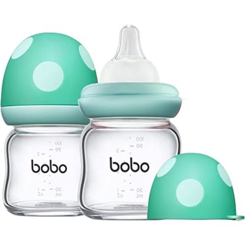 YOHKOH Natural Glass Baby Bottle with Natural Response Nipple, Newborn Anti-Colic Baby Bottles, Wide Neck Mushroom Cap Baby Bottle, Clear (3.4oz (Pack of 2), Blue)