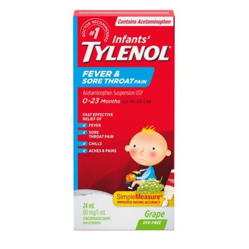 TYLENOL® Infants' Fever & Sore Throat Pain Medicine, Oral suspension drops, Relieves Fever & Sore Throat Pain, Grape flavour, 24mL