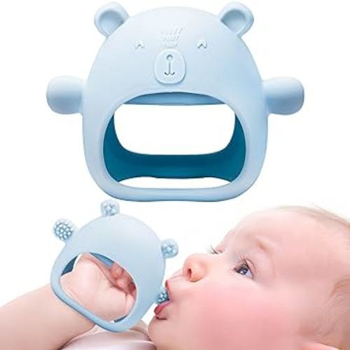 Silicone Baby Mitten Teething Chew Toy for Babies 0-6 Months 6-12 Months, Anti-Drop Teether Glove BPA-Free for Girls and Boys Sucking Biting Needs Soothing Gums Pain Relief (Blue)
