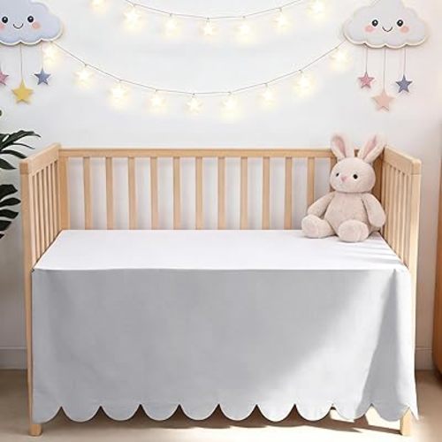 Scallop Edge Crib Skirt Grey, 100% Egyptian Cotton 400 Thread Count Crib Skirt Dust Ruffle,Double Layer,Durable,Smooth Toddler Bedding Skirt for Baby Girls or Boys, 52"X 28" with 14"