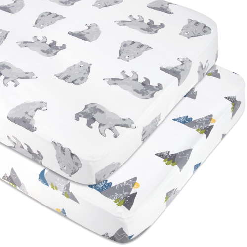 Baby Essentials 2 Pack of 52L x 28W Standard Microfiber Patterned Fitted Elastic Baby Crib Sheets for Newborns, Infants and Toddlers Nursery, Crib, Bed and Mattress in Bears & Mountains