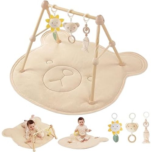 Wooden Baby Gym Cotton Play Mat, 4-in-1 Super Soft Infant Activity Tummy Time Playmat for 0 to 3 6 9 12 36 Months Babies, Removable Toys for Sensory & Motor Skill Development, Bear