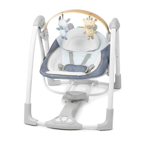 Ingenuity Swing n Go Portable Swing, Removable Sustainably Sourced Wood Toy Bar, 5-Speed, for Ages 0-9 Months, Up to 20 Pounds - Chambray