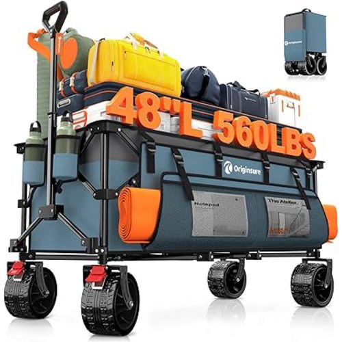 48" L Collapsible Wagon Cart Foldable, 560lbs Weight Capacity 300L Heavy Duty Folding Beach Wagons with Big All-Terrain Wheels, Utility Carts for Groceries, Shopping, Camping, Sports - Grey&Blue