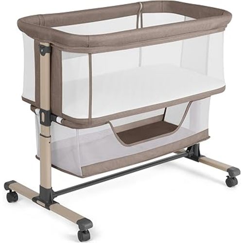 Cowiewie Bassinet Bedside Sleeper, Portable, Breathable, Adjustable Baby Bedside Bassinet for Peaceful Nights, Khaki