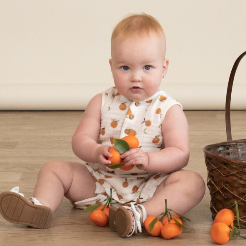 Organic Sleeveless Bubble Romper, Mandarin - Makemake Organics | Maisonette