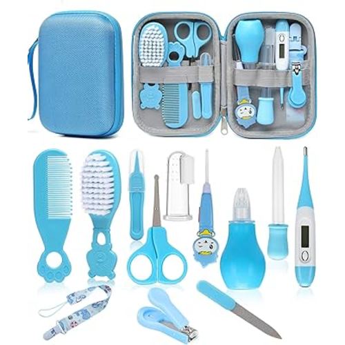 Baby Healthcare and Grooming Kit, Safety Newborn Nursery Care Set, with Hair Brush Comb, Nail Clipper, Thermometer, Pacifier Clip, Nasal Aspirator for Newborn Infant Baby Girls Boys (Blue)