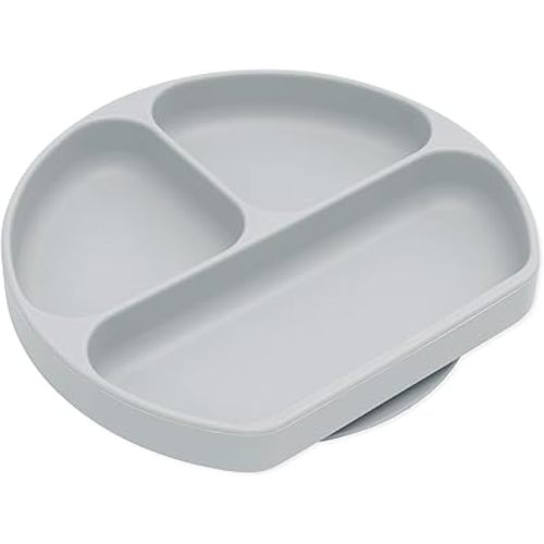 Bumkins Toddler and Baby Suction Plate, Divided Grip Dish for Babies and Kids, Baby Led Weaning, Feeding Supplies, Sticks to Tables and Highchairs, Platinum Silicone, for Chidren 6 Months, Gray