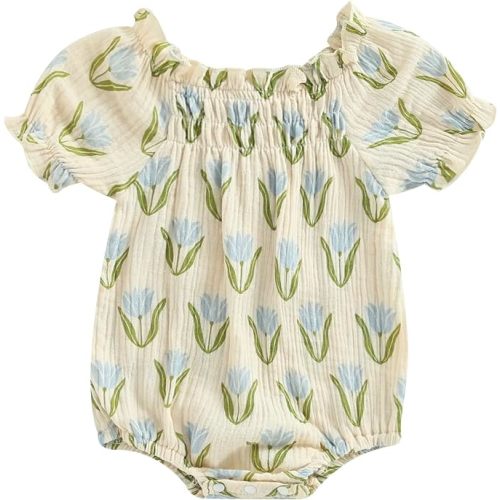 SAYOO Infant Baby Girl Linen Romper Smocked Bubble Bodysuit Frill Trim Ruffle One-Piece Jumpsuit Casual Cute Summer Clothes
