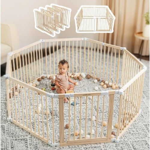 Baby Playpen & Baby Gate for Toddler and Babies, Foldable Wooden Large Shape Playpen with Locking Gate by Comfy Cubs