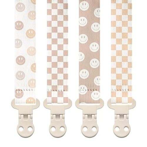 Stadela Baby Pacifier Clip Holder - Girl or Boy Unisex 4 Pack Gift Set - Retro Checker and Smiley Faces Design