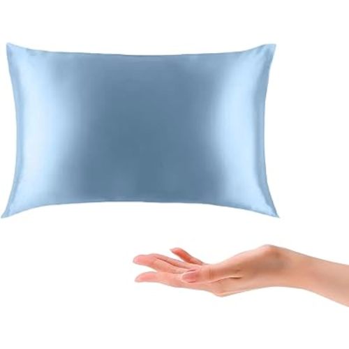 100% 22 Momme Mulberry Silk Small Pillow 10"x 13" Made in USA, Organic Cotton Fill, Travel Size Mini Nap Pillow with Silk Pillow Case, Soft Tiny Little Pillow, Hypoallergenic (Blue Grey)