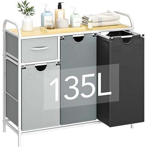Yecaye Laundry Sorter 3 Section, Laundry Hamper with Shelf and 1 Drawer, 35.7Gal(135L) Laundry Basket Organizer, Pull-Out and Removable Oxford Fabric Laundry Bags for Laundry Room, Bedroom, Bathroom