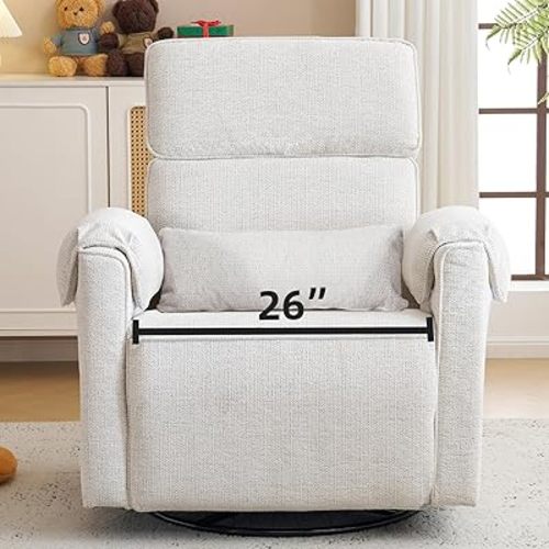 Oversized Power Recliner Chair, 26" Extra Wide Swivel Rocker Recliner Chair with Adjustable Headrest, Chenille Glider Rocking Recliner Nursery Chair with Overstuffed Armrest, USB Ports, White