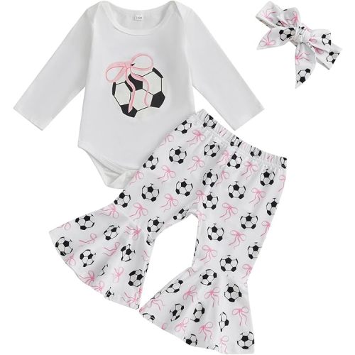 Newborn Baby Girl Soccer Outfit Soccer Bow Short Sleeve Bubble Romper Bell Bottom Pants Headband Set Summer Clothes