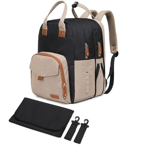 Large Diaper Bag Backpack for Two Kids Twins - Expandable Baby Bag (26-36L), Dual Big Compartments - Includes Changing Pad & Stroller Straps, Unisex Black Khaki