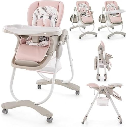 HONEY JOY Baby High Chair, Foldable High Chairs for Babies and Toddlers, Adjustable Heights, Recline Backrest & Footrest, Double-Layer Tray & Cushion, Portable Infant Highchair with Wheels (Pink)