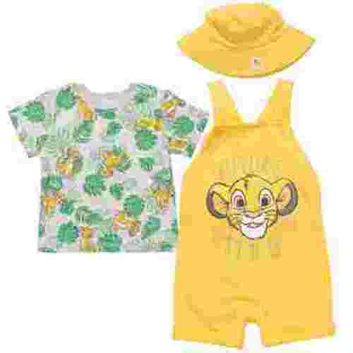Disney Lion King Simba Newborn Baby Boys French Terry Short Overalls T-Shirt and Hat 3 Piece Outfit Set Newborn to Infant