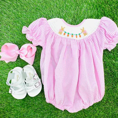 Easter Bunny Smocked Bubble Romper in Pink Seersucker, Bunnies & Carrots, Rabbit, Baby Girl, Heirloom, Matching Sibling, 702 *B
