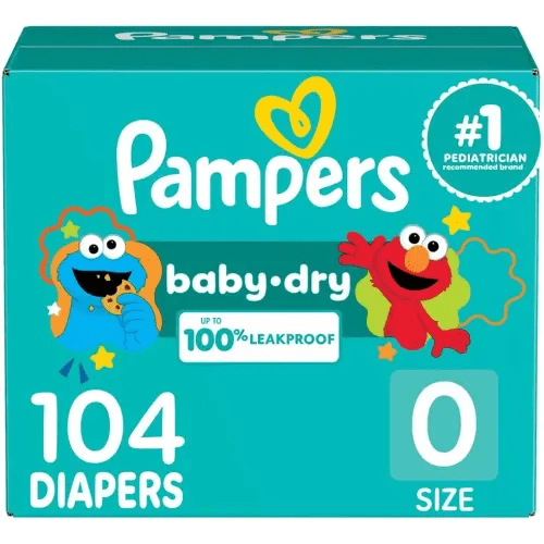 Pampers Diapers - Baby Dry - Size 0, 104 Count, Absorbent Disposable Newbort Diaper (Packaging May Vary)