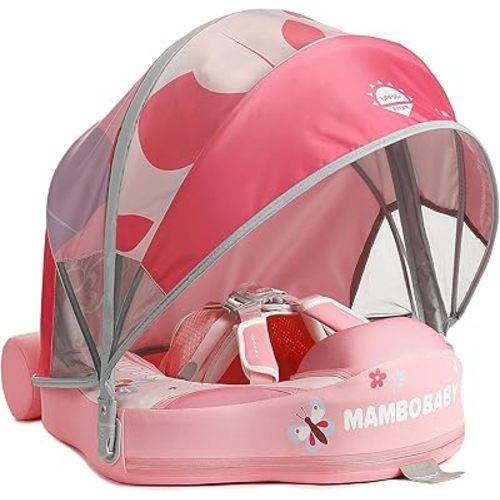 Mambobaby Float with Canopy Newest Size Improved Non Inflatable Infant Baby Pool Float Smart Mambo Float Swim Trainer Add Tail Baby Swim Float Mambo Baby Float Solid Air Free Water Waist Swimming Ring