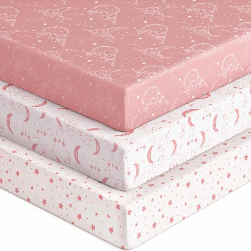 Baby Crib Sheets for Boys Girls, Fitted Crib Sheet Neutral 3 Pack for Standard Crib and Toddler Mattress, Breathable Soft Microfiber Baby Sheet 28x52x8in Pink White Moon