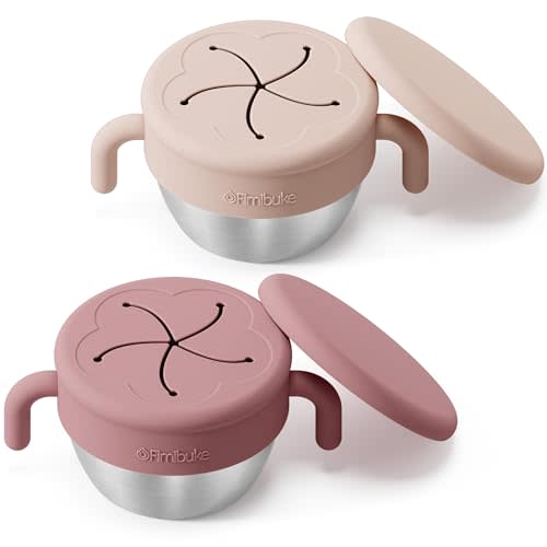 Fimibuke Snack Containers for Toddler Kids, 12 OZ Stainless Steel Snack Cup | Spill Proof Baby Cups w/ Removable Silicone Food Catcher, Handles & Travel Lid BPA-Free Dishwasher Safe Food Container 2 Pack