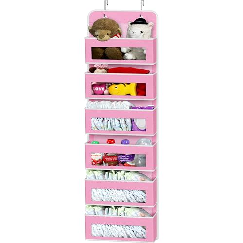 Simple Houseware 6 Clear Window Pocket Over Closet Door Storage Hanging Organizer for Bedroom, Bathroom, Pantry, Pink