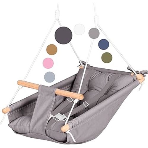 CaTeam - Canvas Kids Swing, Wooden Hanging Swing Seat Chair with Safety Belt, Durable Toddler Swing Chair, Outdoor and Indoor Swing for Kids, Mounting Hardware Included, Dark Gray