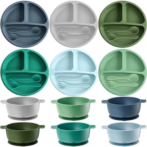 Dandat 24 Pcs Silicone Baby Feeding Set, 6 Baby Toddler Suction Bowls 6 Divided Suction Plates with 6 Forks 6 Spoons, Baby Utensils Set for Weaning Infant Feeding and Eating, 6 Styles (Vivid Color)
