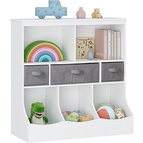 UTEX Toy Storage Organizer with Bookcase, Kids Bin Storage Unit with 8 Compartments and 3 Baskets, Toys Box, Multi Shelf Cubby for Books, Toys,White
