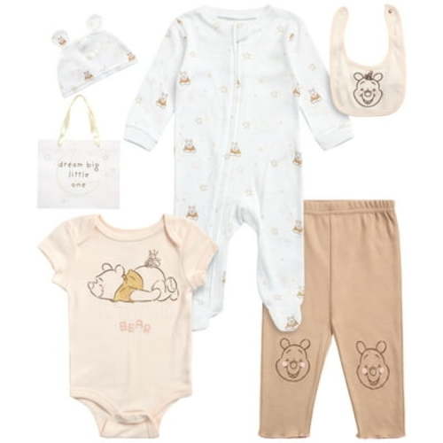 Disney Newborn Baby Layette Set - 6 Piece Disney Bodysuit Coveralls Sweatpants, Hat, Gift Bag (0-6M)