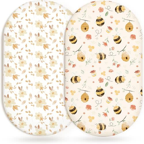 Bassinet Sheets for Baby Girls Boys 2 Pack, Fitted Baby Mattress Sheet for Rectangle, Oval, Hourglass Bassinet Mattress, Breathable Cozy & Universal Fit (Honeybee Dreams)