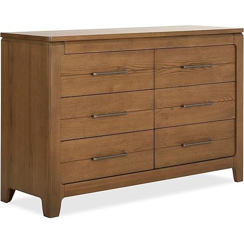 Evolur Oakley Double Dresser – 6 Drawer Nursery & Bedroom Dresser, Solid Poplar Wood Storage Organizer, Hickory Finish, Durable Modern Design