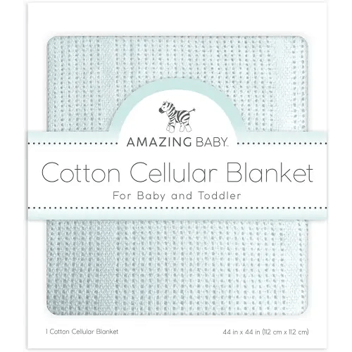 Amazing Baby Cellular Blanket, Premium Cotton Knit, Ultra Soft, Breathable, Cozy Gift for Baby Boys and Girls, Favorite Toddler Blanket, 44 x 44 inches (112 x 112 cm), Soft Blue