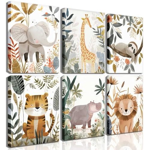6Pcs Boho Baby Animals Wall Art Jungle Safari Canvas Paintings Cute Giraffe Elephant Lion Wall Decor Prints Inspirational Forest Animals Posters Pictures for Nursery kids Boys Bedroom Framed