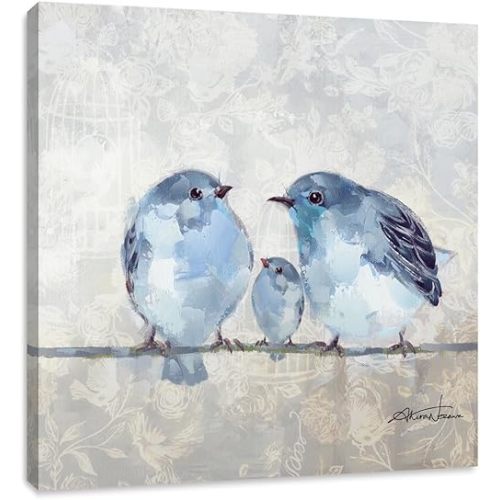 Bathroom Bird Decor Wall Art, Blue and Gray Wall Picture, Bluebird Artwork on Canvas for Kids Room 12 x 12
