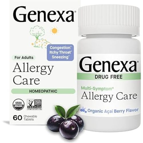 Genexa Allergy Care | Drug Free, Non-Drowsy Allergy Relief & Decongestant for Adults| Acai Berry Flavor | Organic & Non-GMO | Homeopathic Remedy Made Clean | 60 Chewable Tablets
