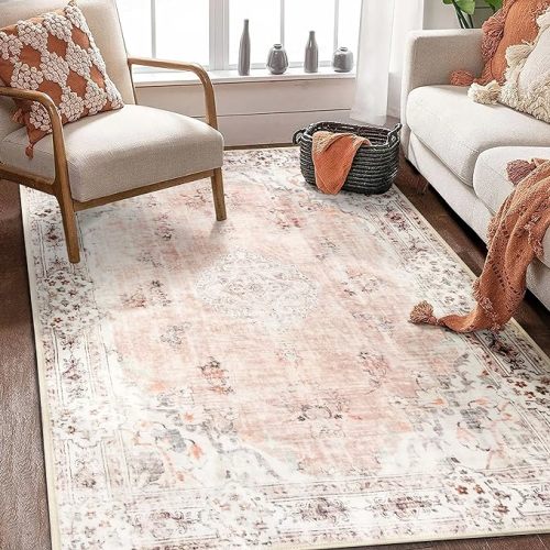 MUJOO Boho Rug 4'x6.5' Area Rugs for Bedroom Living Room Dining Room Pink Small Rugs Machine Washable Non Slip Carpet for Office Dorm Bedside Kitchen Laundry Room Floral