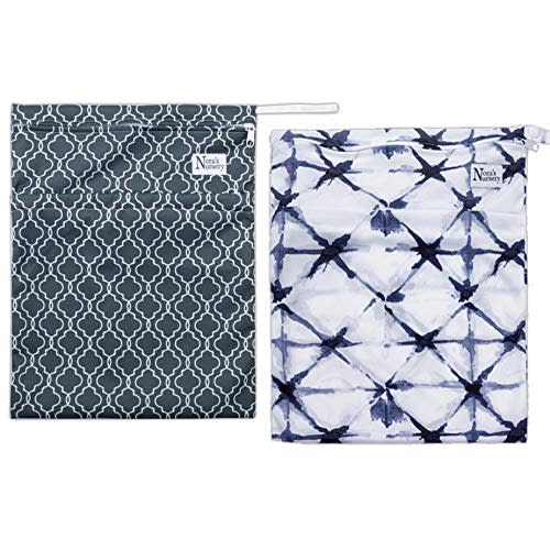 Nora's Nursery Wet Dry Bags with Two Zippered Pockets - Reusable and Washable Wet Bag for Swimming, Travel, Beach, Pool, Daycare, Cloth Diapers, Toiletries and Wet Swimsuits - 11x15 - B&W- 2 Pack