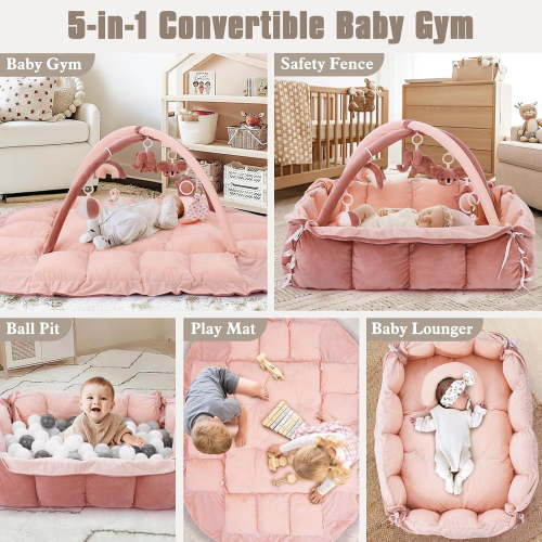 5-in-1 Plush Gym, Convertible Tummy Mat with 6 Sensory Toys, Pet Bed for Cats & Dogs, Pink