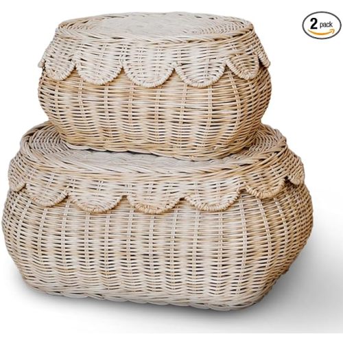 Small Scalloped Basket Set Of 2 - Hand Woven Scallop Basket - 15 x 10 x 6 In - Scalloped Wicker Basket - Scalloped Edge Basket - Scalloped Storage Basket (Natural)