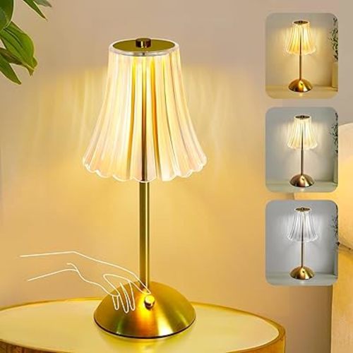 Cordless Table Lamp Rechargeable,LED 3 Colors Light Touch Dimmable Gold Small Lamp Decorative 12" for Nightstand,Bedside,Kitchen,Living Room 2600mAh High Capacity Battery Powered (Acrylic Flower)