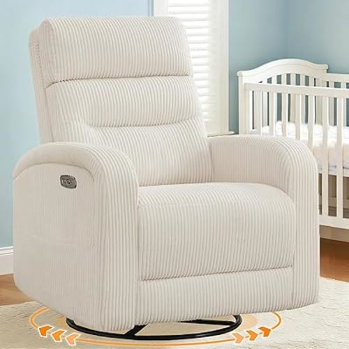 Power Swivel Rocker Recliner Chair for Nursery, Swivel Reclining Rocking Chairs, Electric Swivel Recliner Glider Nursery for Living Room, Upholstered Recliner Chairs for Bedroom, Corduroy White