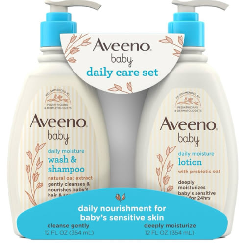 Aveeno Baby Daily Care Gift Set with Oat Extract & Prebiotic Oat, Contains Daily Moisturizing Body Lotion & Gentle 2-in-1 Baby Bath Wash & Shampoo, Hypoallergenic & Paraben-Free, Two Pack